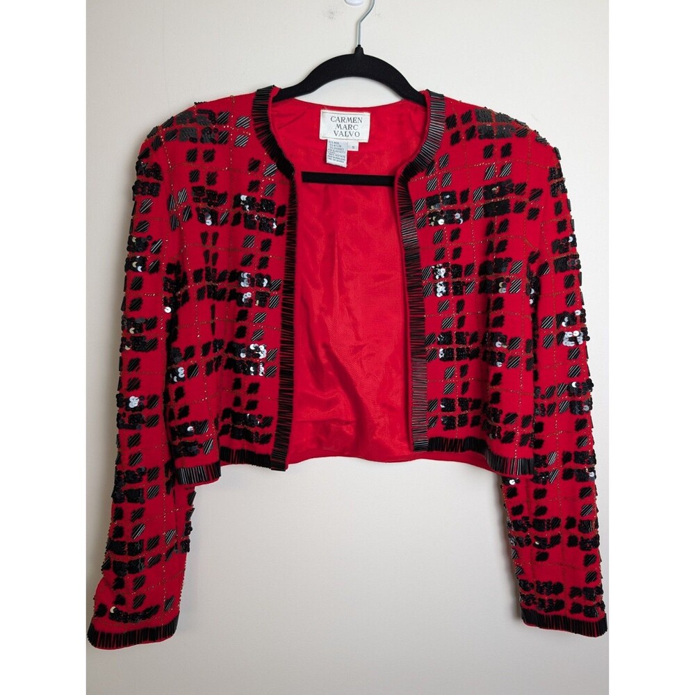 Carmen Marc Valvo Evening Jacket Cropped Red Beaded Formal Elegant Lined Sz Sm